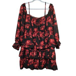 Womens 3X Black Red Floral Tiered Ruffle Mini Dress Whimsigoth Fairygrunge